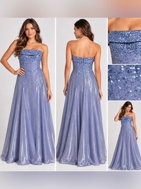 Cassandra Stone Blue Sequin Strapless Formal Gown Size 10 Shimmer Maxi